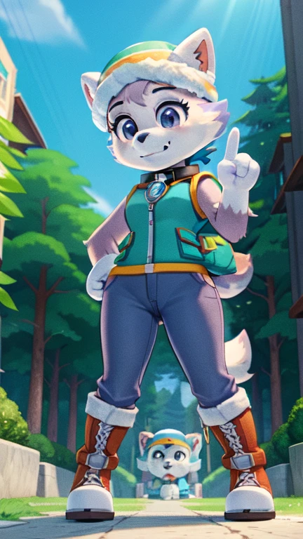 female, solo, female focus, looking at viewer, three-quarter portrait, smile, :3, furry, anthro,  small breasts, skinny,  {everest paw patrol}, everest \(paw patrol\), raised tail, tailwag, detailed body fur, detailed eyes, detailed face, gorgeous body, shiny body fur, glistering body fur, hat, collar, vest, jersey pants, long pants, gloves, boots, clothed animal, park, outside, blue sky, sun, sunlight, full body, standing, short body, tiny body, v, hand gesture