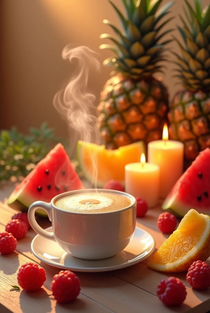 Make me a composition that has coffee, watermelon, pineapple and lit candles 