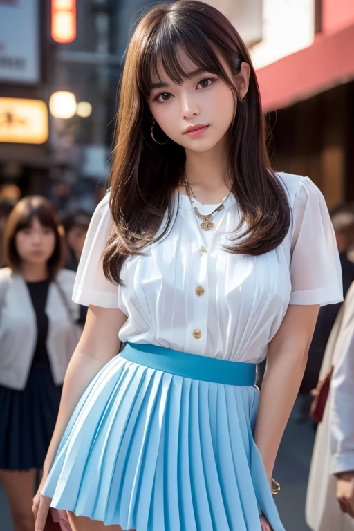 Product quality,1 girl,Cowboy Shot,Front view,(Focus on the thighs:1.5),Young and sexy Japanese girl,20-year-old,Harajuku,(Crowded street:1.4),Snazzy(Blue:1.5),shirt,wear,(Snazzyバッグ:1.3),Fashionable necklaces,Snazzyイヤリング,((White super short micro pleated mini skirt:1.5)),wear,Very cute face,Glossy Lips,Double eyelids on both eyes,(Natural Makeup),shiny smooth light brown long hair,,,Asymmetrical bangs,Center image,8k resolution,Attention to detail,Detailed hairstyle,Detailed face,Cinema Lighting,Octane Rendering,Ultra-realistic,Perfect limbs,(Detailed fingers:1.5),Beautiful legs,Voluptuous thighs,Huge breasts,Perfect Anatomy,(Model pose:1.3)