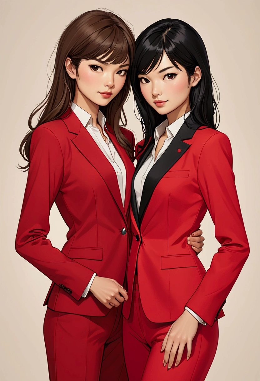 Two beautiful Sarah Kay style women, in love, in a tender attitude towards each other, Sarah Kay style, one British, with semi-short, straight light brown hair, dressed in a modern red suit, and the other woman with delicate Asian features, with long, loose black hair, dressed in a black suit.