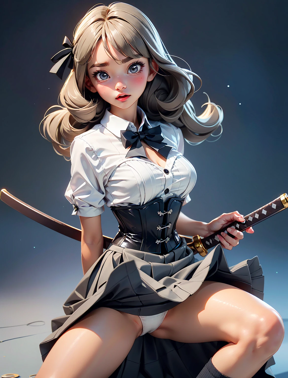 RAW Photos, Highest quality, High resolution, Realistic, One girl、Young Japanese Girl, , Full body portrait, Expressionless, poker face, Stone Face, model, Big Breasts, short hair, Wavy Hair, Curly Hair, Gray Hair, Silver Hair, Light brown hair, Hollow Eyes, Hollow Eyes, ((Thin thighs)), Diagonal bangs, Cute Face, Shiny skin, Beautiful body, Beautiful Skin, concentrate , Naked from below, (school uniform, Lead Bow Tie, Black apron dress, Highly detailed corset, Gothic, Frill dress, Beautiful embroidery, (Long skirt:1.2):1.4), (Skirt flip:1.5) show, underwear, simple underwear, (Squat、One knee:1.5)、(Spread legs、Spread your legs:1.5)、((Showing white panties))、Good lift、Exposing the breasts、Showing off a white bra、Troubled face、climax、Excited、close your eyes、Open your mouth、Sword Drawing Technique, Battoujutsu