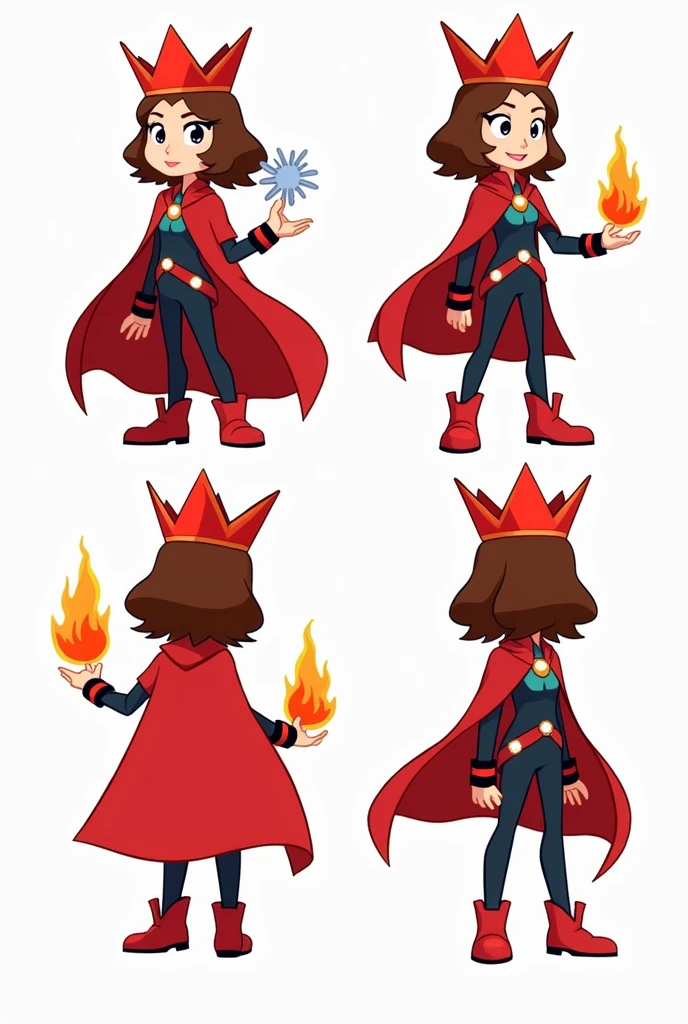Create an image of Janet from Brawl Stars as Scarlet Witch, designed in a 2D, hand-drawn style that looks like it was illustrated by a child. Janet should have her signature look but with brown hair styled to match Scarlet Witch’s, instead of her usual color. She should be dressed as Scarlet Witch, wearing the iconic bright red crown and a flowing red cape. Make sure there’s no mask, just the crown. In her hands, she should be holding a small staff instead of flames. Please show her from the side, back, and front positions. The overall aesthetic should be simple, colorful, and playful, with bold lines and a slightly rough, sketch-like appearance.