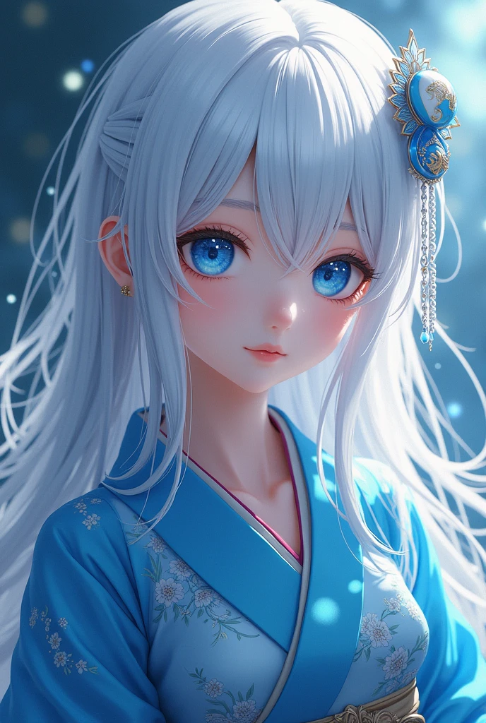 best quality, tmasterpiece, Ultra-high resolution, Clear face, (Reality: 1.4), perfect lighting,(photorealistic: 1.50), anime wallpaper, Guviz style artwork , fantasy cover up to magic , by Yang J, Guviz, beautiful artwork illustration, beautiful digital artwork, beautiful digital illustration, Li Song, beautiful anime portrait, art style at Beauvot,illustration, ethereal and beautiful, highly detailed, CG, unity, 8k wallpaper, Amazing, fine detail, masterpiece, best quality, official art, highly detailed CG unity 8k wallpaper,absurd, extremely absurd, large file size, highly detailed , high resolution, very detailed,beautiful girl with details, very detailed eyes and face, beautiful detailed eyes,light on the face,cinematic lighting, 1girl, (white hair:1.3), long hair, Bangs, hair ornament, blue eyes, kimono, absurddress, blue kimono, Japanese clothes, umbrella, standing, upper body, (looking at viwer:1.3), smile,