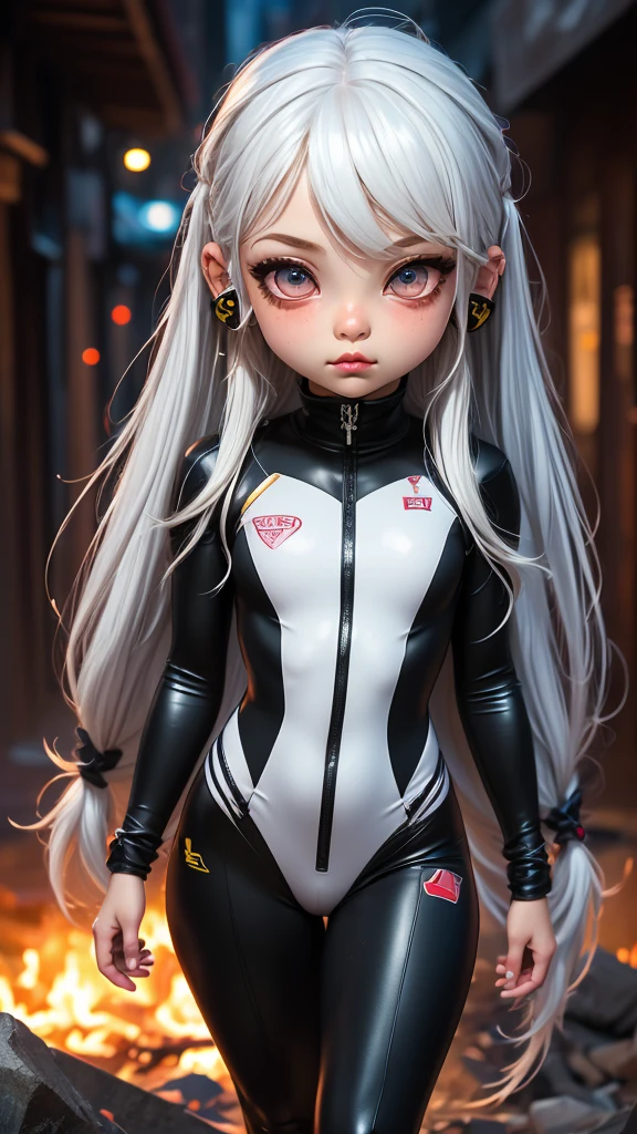 single,1woman\((chibi:1.8),cute,kawaii,,(white hair:1.7),(very long hair:1.7),bumps,(ear\(fluffy white Rabbit-ear\):1.3), (only 1 small rabbit tail on the hip:1.2),(red eye),big eye,beautiful bright eye,white skin color,big hair bow,(suit\(combat suit,(very tight :1.5 ),(show body line:1.2),weapons\)), BREAK ,Background\(rubble city,(close woman), BREAK ,quality\(8K,extremely detailed CG unit wallpaper, artwork master,high resolution,top-quality,top-quality real skin texture,hyperrealistic,increase resolution,RAW photos,best quality,highly detailed,wallpaper,golden ratio\)