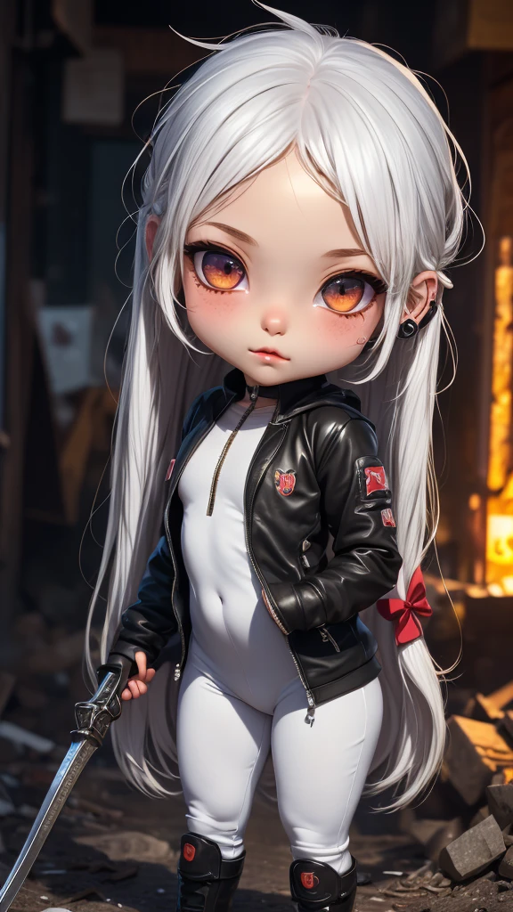 single,1woman\((chibi:1.8),cute,kawaii,,(white hair:1.7),(very long hair:1.7),bumps,(ear\(fluffy white Rabbit-ear\):1.3), (only 1 small rabbit tail on the hip:1.2),(red eye),big eye,beautiful bright eye,white skin color,big hair bow,(suit\(combat suit,(very tight :1.5 ),(show body line:1.2),weapons\)), BREAK ,Background\(rubble city,(close woman), BREAK ,quality\(8K,extremely detailed CG unit wallpaper, artwork master,high resolution,top-quality,top-quality real skin texture,hyperrealistic,increase resolution,RAW photos,best quality,highly detailed,wallpaper,golden ratio\)