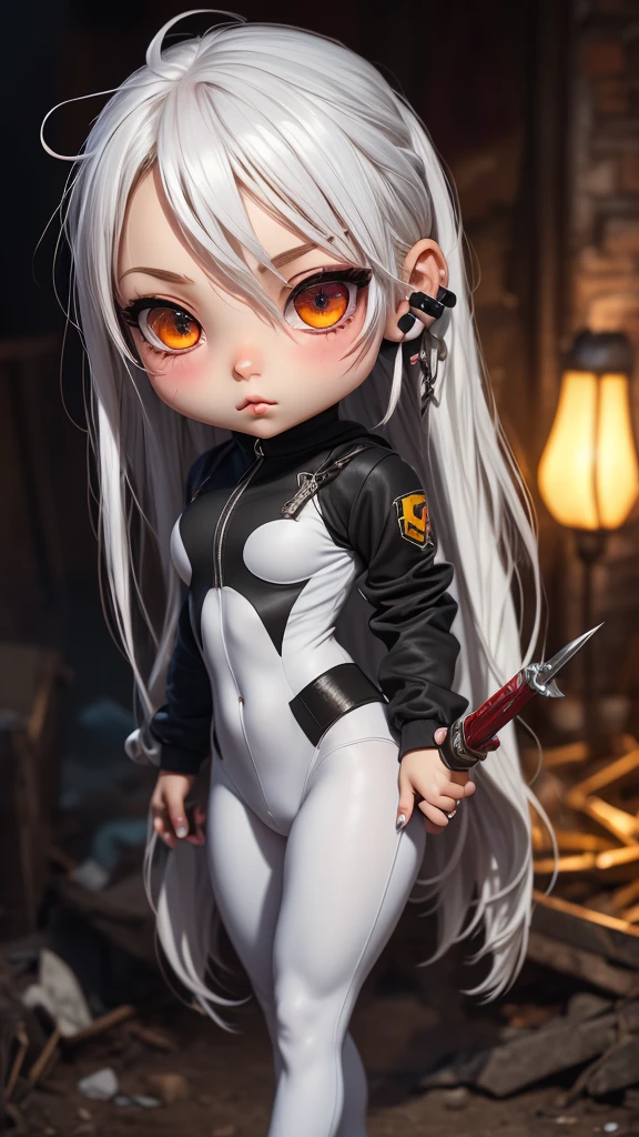 single,1woman\((chibi:1.8),cute,kawaii,Little boy,(white hair:1.7),(very long hair:1.7),bumps,(ear\(fluffy white Rabbit-ear\):1.3), (only 1 small rabbit tail on the hip:1.2),(red eye),big eye,beautiful bright eye,white skin color,big hair bow,(suit\(combat suit,(very tight :1.5 ),(show body line:1.2),weapons\)), BREAK ,Background\(rubble city,(close woman), BREAK ,quality\(8K,extremely detailed CG unit wallpaper, artwork master,high resolution,top-quality,top-quality real skin texture,hyperrealistic,increase resolution,RAW photos,best quality,highly detailed,wallpaper,golden ratio\)