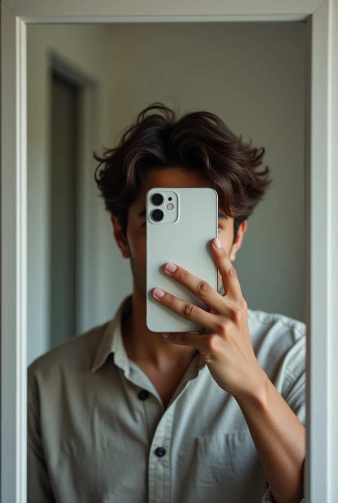 Create a photo of a young man taking a photo facing the mirror with an iPhone and black hair but without showing his face