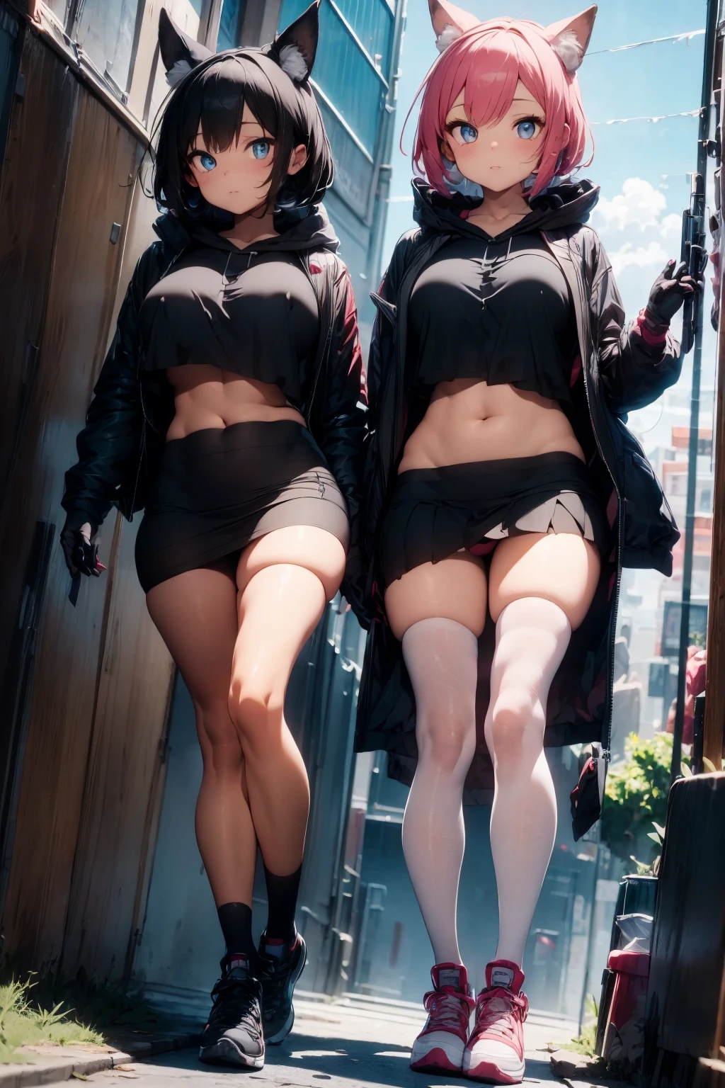 Oh, league of legend, sexy for, wallpapers, detailed eyes, fox ear, (fox tails), a skirt, (long pink fur), medium breasts, Looking at_Shown in_Looking atl espectador, short_hair, gloves, belly button, fail, blue_there are eyes, Eternal, full_body, weapon, Footwear, necklaces, negro_gloves, pulp, hooded, hair_overcome_Yoon_there are eyes, Cultivator_above, hoodie, negro_pants, sneakers, Cut_jacket, cyber punk character, Cut_hoodie, in 14, of_DeepNegative_v1_75t