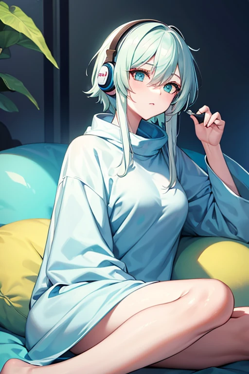 woman, boba tea, light blue bean bag, soft lighting, green eyes, white hair, blue headphones