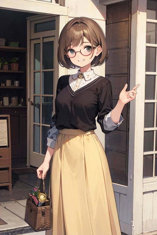 Round Glasses、short hair、curl、Bobcut、Light brown hair、Long skirt、blouse、smile、smile、young woman、19 years old