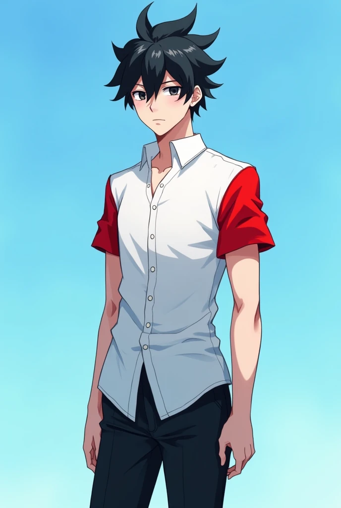 a male anime character with a white shirt and red sleeves, with black hair, black pants black shoes with white with blue background