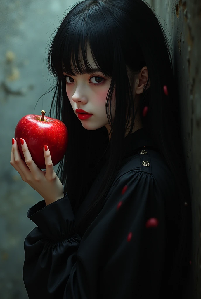 ((RAW Photo), absurd, (absurdresolution)), masterpiece, best quality, (Extremely detailed 8k unity CG wallpaper), (best illustration), (best shadow), Realistic lighting, beautiful detailed glow, ((21 years old)), girl, long black hair, black queen, accessories, apple in hand, poisoned apples, witch queen, red lipstick, (((Photographic Perspective of her)))
