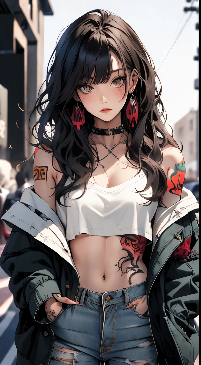 ​masterpiece, highest quality, pixiv, Cool girl, the strongest pirate girl, topless, Lips in love, dark brown hair, Curly hairs, blunt bangs, straight bangs, gray eyes, White skin, Girl, improve, Graffiti-Stil, Cool, villain, Böses Girl, tattoo, wears red binnie