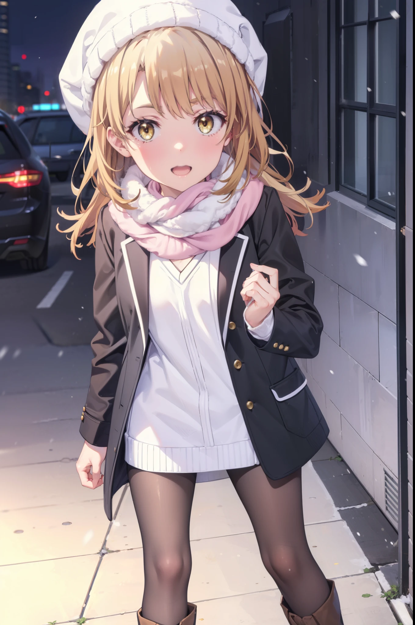 Irohaisshiki, isshiki iroha, Long Hair, Brown Hair, (Brown eyes:1.5), smile,Open your mouth,White Breath,low twin tail,Knitted hat,White scarf,Yellow long coat　Open front,Pink v-neck sweater,Short denim,Black pantyhose,short boots,Walking,snowが降っている,snowが積もっている,moon,night,snow,snow,snow,snow,whole bodyがイラストに入るように,　　　　　　　　　break outdoors, Building district,
break looking at viewer,whole body,
break (masterpiece:1.2), Highest quality, High resolution, unity 8k wallpaper, (figure:0.8), (Beautiful attention to detail:1.6), Highly detailed face, Perfect lighting, Highly detailed CG, (Perfect hands, Perfect Anatomy),