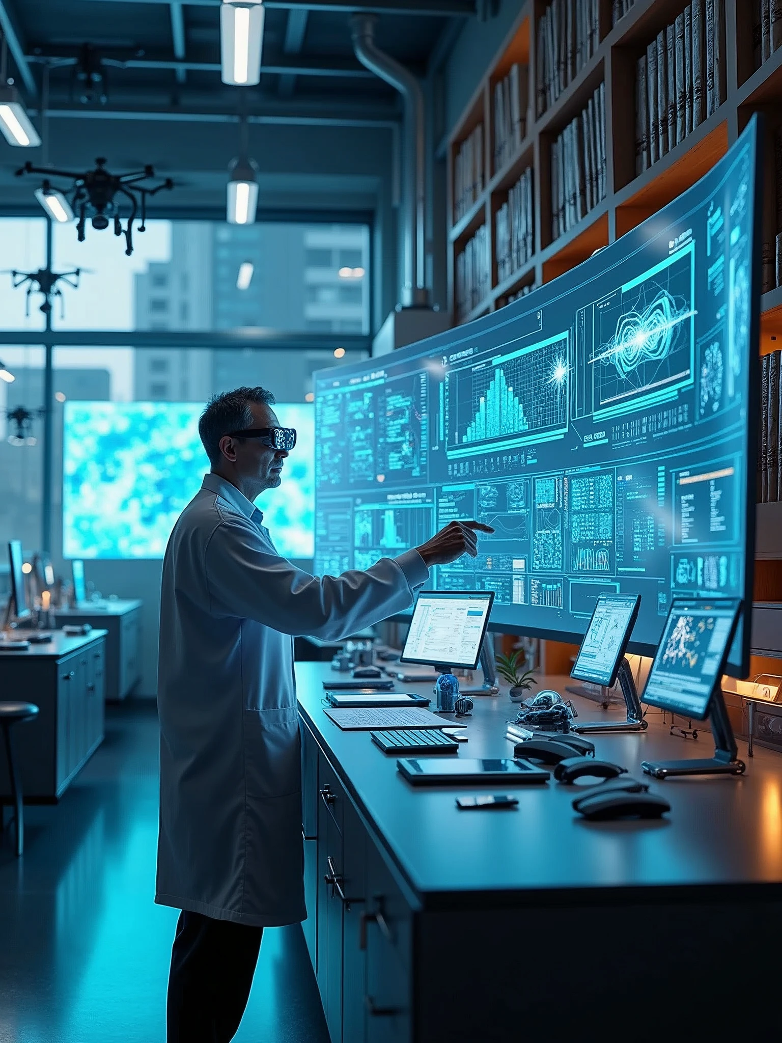 Paradox Mix" 3D Model LoRA" a high-resolution photograph capturing a cutting-edge Artificial Intelligence research laboratory. The setting is a spacious and modern environment, filled with advanced technological equipment. The walls are adorned with sleek panels, and large windows allow natural light to flood the space, creating a bright and inviting atmosphere. At the heart of the scene, a scientist is immersed in their work at a futuristic workstation. This workstation features a sleek, curved design with an expansive monitor that showcases intricate graphs and data visualizations related to AI algorithms. The scientist, a middle-aged individual with a focused expression, is wearing augmented reality glasses that project holographic interfaces above the workstation. Their hands are poised mid-air, interacting with floating data points and 3D models, illustrating the cutting-edge nature of their research. Small, agile robots are positioned around the lab, some equipped with sensors and cameras, actively collecting data or assisting in experiments. One robot is seen navigating autonomously, while another is collaborating with the scientist by delivering tools. A couple of drones hover near the ceiling, equipped with cameras and sensors, capturing real-time footage of the laboratory activities. Their sleek designs reflect the latest in drone technology, showcasing their multifaceted capabilities. IoT Devices: Various Internet of Things (IoT) devices are scattered throughout the lab, including smart sensors on the walls that monitor environmental conditions, and interactive displays that provide real-time analytics. These devices connect seamlessly, illustrating a fully integrated tech ecosystem. The overall ambiance of the laboratory is one of innovation and creativity. The lighting is a mix of bright overhead LEDs and soft, ambient lights that highlight specific areas of interest. The glow from the screens and holograms adds a futuristic touch, casting a subtle blue hue across the room. The surfaces of the equipment are polished metal and glass, reflecting a high-tech aesthetic. The flooring is a smooth, dark material that contrasts with the bright colors of the devices. The background is filled with shelves of books, research papers, and additional monitors displaying various AI projects, creating a sense of depth and complexity in the research environment.