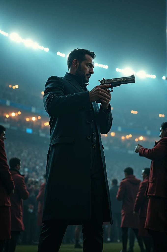 Generate a man bring a gun in the stadium