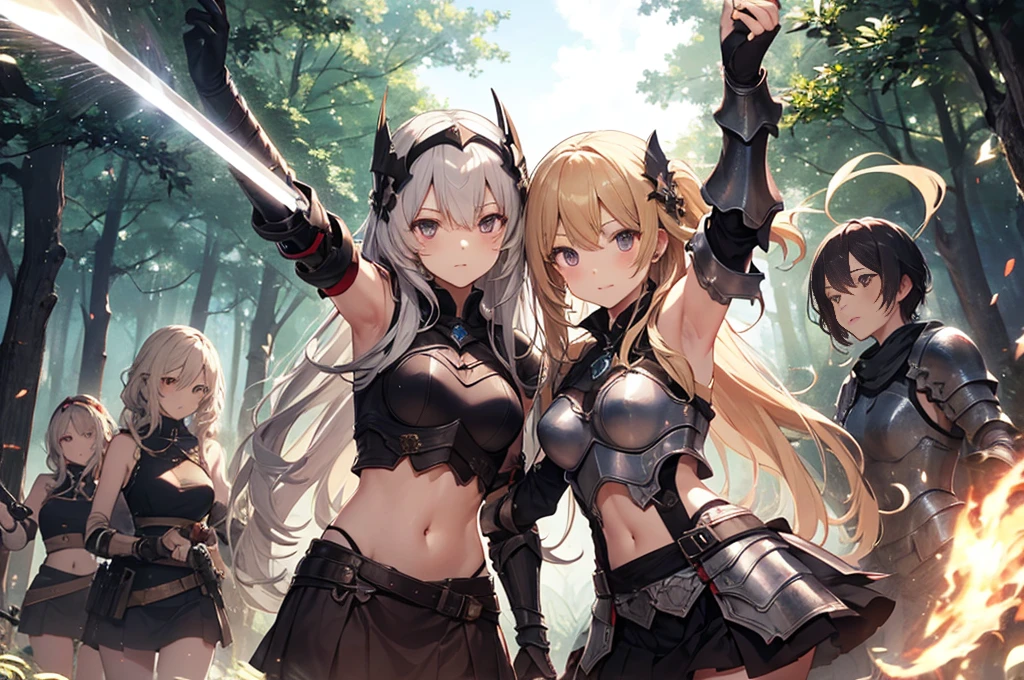 A group of female knight, (in forest), various hair styles, harem, wearing armored clothes, metal armor, night, details face, , short skirt, seducing, sword, showing armpits, sleeveless, midriff