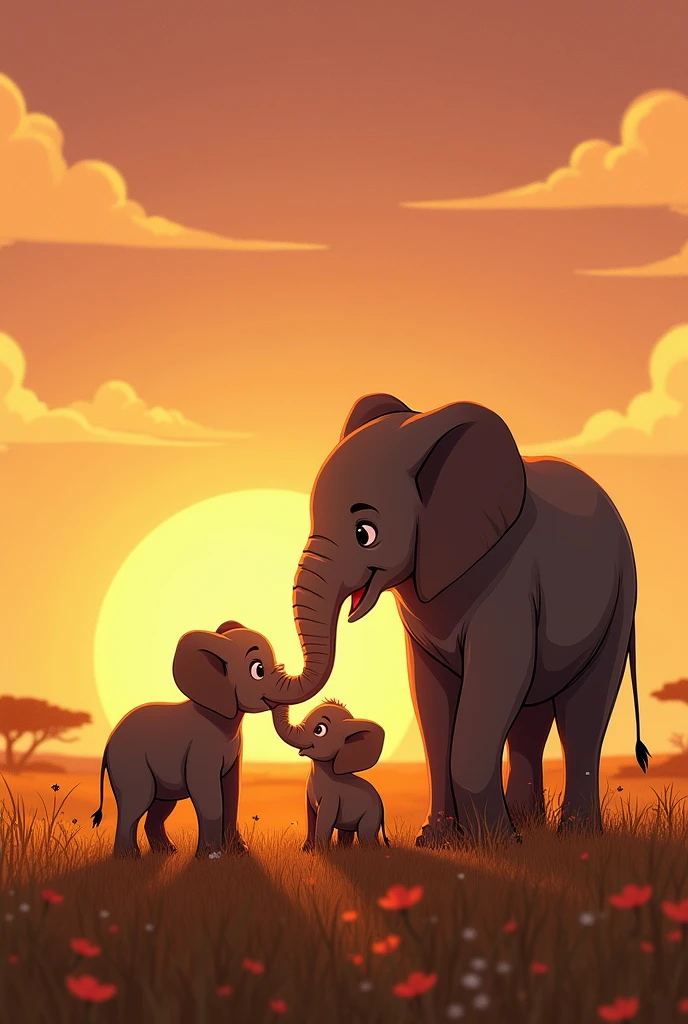 "Create a heartwarming illustration of two baby elephants Trombinha and Pipoca standing beside father elephant Osot Sog, looking up at him with love and admiration. The sun is almost set, with the last golden rays illuminating the scene. The African savanna is calm and peaceful, and the three elephants are together, sharing a moment of love and unity. The style should be warm and comforting, perfect for concluding a children's story with a strong sense of family and connection."

