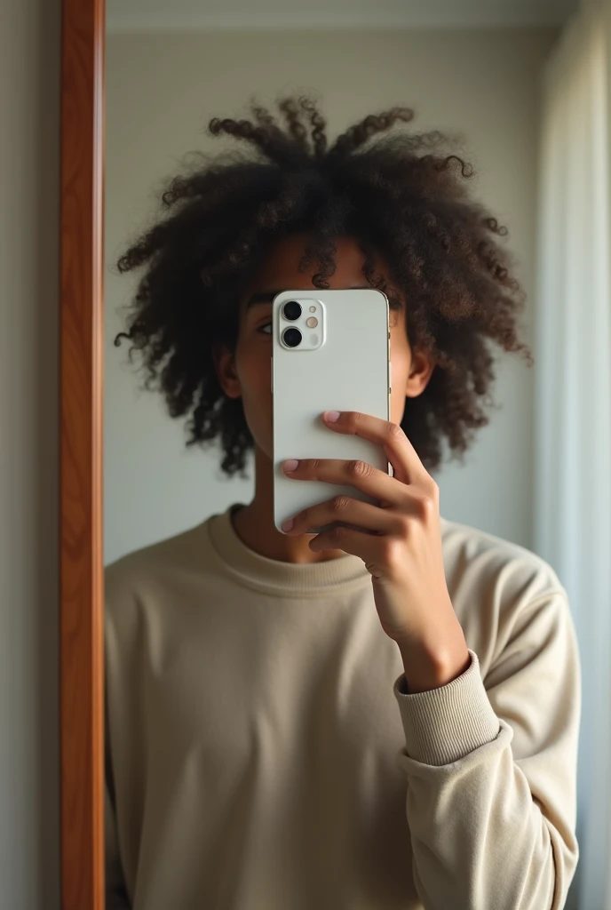 Photo of a 22-year-old young man with light brown skin in front of the mirror covering his face with his white iPhone 13 in casual clothes in a neutral room with wavy hair