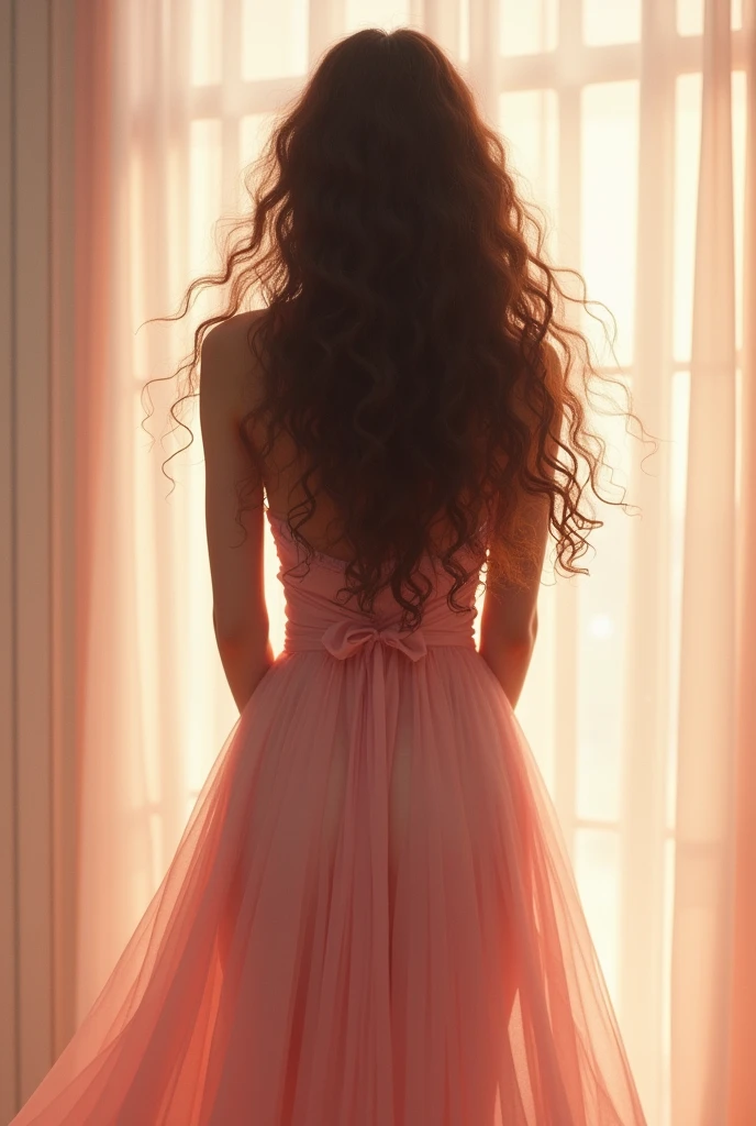 Silhouette of a young woman with curly brown hair from behind, with a pastel pink, full-length dress