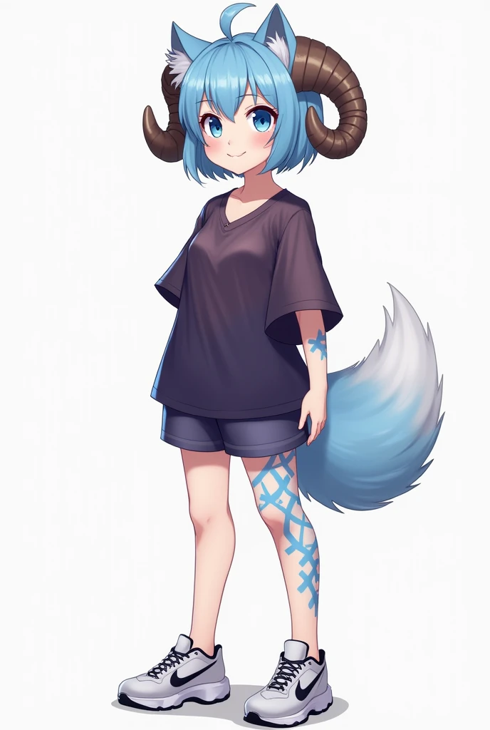 1girl, 13 years old, character reference, realistic design, blue hair, blue eyes, blue pupils, (blue eyelashes), ((ram's horns)), rounded horns, big cat ears, dark purple blouse, translucent blouse, shorts, blue pattern on leg, hair in bun, standing, full height, sports shoes, ((character reference)), full body, ((reference sheet)), smile, furry, fur, fluffy fur, score_9, score_8_up, score_7_up, score_6_up, score_5_up, score_4_up