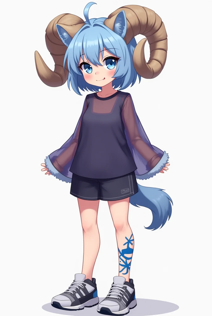 1girl, 13 years old, character reference, realistic design, blue hair, blue eyes, blue pupils, (blue eyelashes), ((ram's horns)), rounded horns, big cat ears, dark purple blouse, translucent blouse, shorts, blue pattern on leg, hair in bun, standing, full height, sports shoes, ((character reference)), full body, ((reference sheet)), smile, furry, fur, fluffy fur, score_9, score_8_up, score_7_up, score_6_up, score_5_up, score_4_up