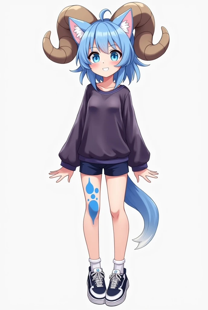 1girl, , character reference, realistic design, blue hair, blue eyes, blue pupils, (blue eyelashes), ((ram's horns)), rounded horns, big cat ears, dark purple blouse, translucent blouse, shorts, blue pattern on leg, hair in bun, standing, full height, sports shoes, ((character reference)), full body, ((reference sheet)), smile, furry, fur, fluffy fur, score_9, score_8_up, score_7_up, score_6_up, score_5_up, score_4_up