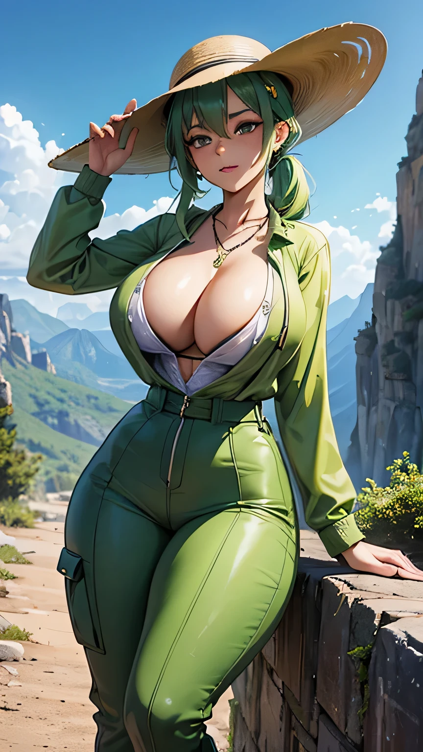 High detailed, 4k quality, stunning 23 years old female, green hair, random hairstyle, necklace and piercing, wearing Erotic Hiking: Long-sleeve moisture-wicking shirt, hiking pants, sturdy hiking boots, and a sun hat, perfect breast, long cleavage, curvy body, playful expression, street background