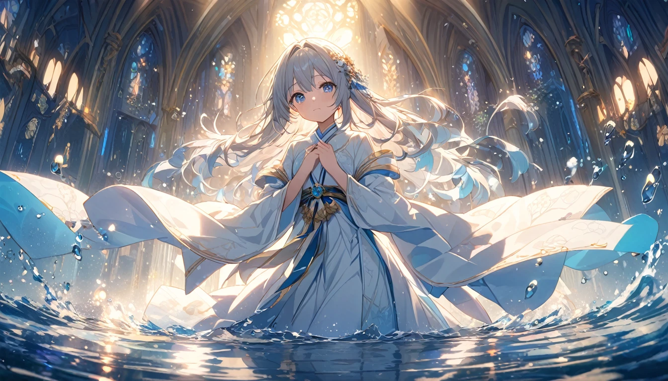 **229. One person。A water sanctuary floating in the light。sacred+Cool feeling。Cowboy shot or close-up。
masterpiece, best quality, ultra detailed (Detailed fingers), (Emotional), (Breathtakingly beautiful),
(main part: 1.2 Whole body。), (Anime Style), (Very detailed), (Cool feeling),
(超High resolution, High resolution), (8k), (High resolution: 1.2), (Complex and beautiful: 1.2)**
- background: A sanctuary surrounded by a pond of pure water、The light reflects off the water surface。
- character: Wearing a white robe、sacredな雰囲気を漂わせる聖女。
-pose: In the center of the sanctuary, open your arms、Receiving the light。
-expression: A calm and compassionate look、Eyes wrapped in light。
- Effects: The light reflected on the water gently surrounds her.。
-color: White and blue、透明な水の色がCool feelingを表現する色調。