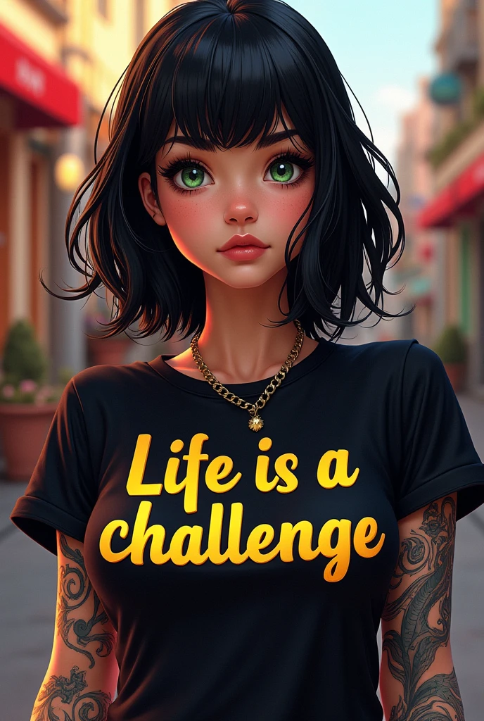Disney Drawing 30-year-old white woman with green eyes and shoulder-length black hair with tattoos on her body and a black shirt with the words Life is a challenge written on it!!! In gold