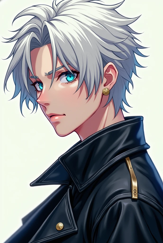 ((masterpiece:1.3)), best quality, anime style, thin anime lines, animation anime, 1boy, white hair, blue eyes, leather jacket, smirk, ear piercings