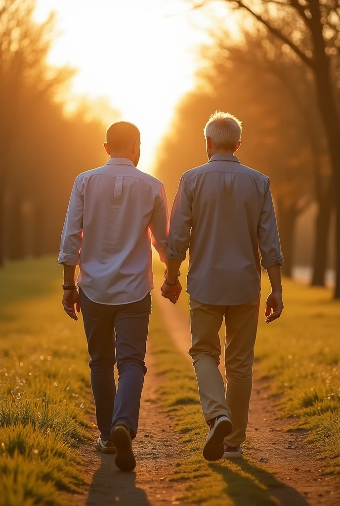 father and son walking back to back, both are already mature, Sunnyday, 40 year old father 30 year old son