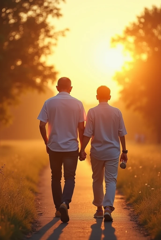 father and son walking back to back, both are already mature, Sunnyday, 40 year old father 30 year old son