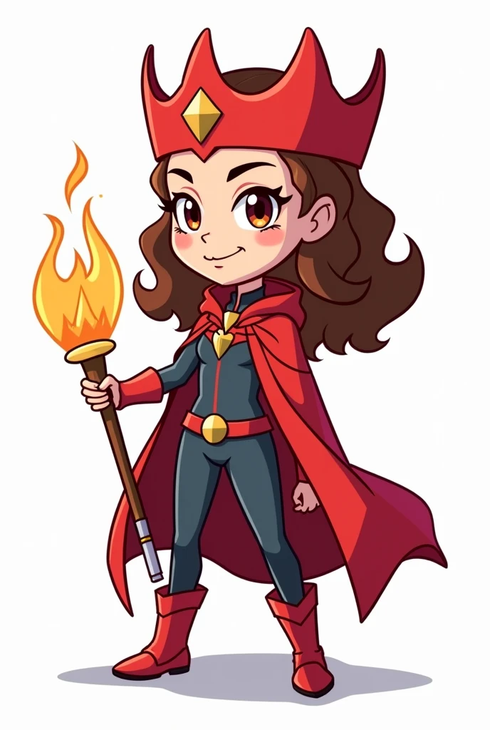 Create an image of Janet from Brawl Stars as Scarlet Witch, designed in a 2D, hand-drawn style that looks like it was illustrated by a child. Janet should have her signature look but with brown hair styled to match Scarlet Witch’s, instead of her usual color. She should be dressed as Scarlet Witch, wearing the iconic bright red crown and a flowing red cape. Make sure there’s no mask, just the crown. In her hands, she should be holding a small staff instead of flames. Please show her from the side, back, and front positions. The overall aesthetic should be simple, colorful, and playful, with bold lines and a slightly rough, sketch-like appearance.