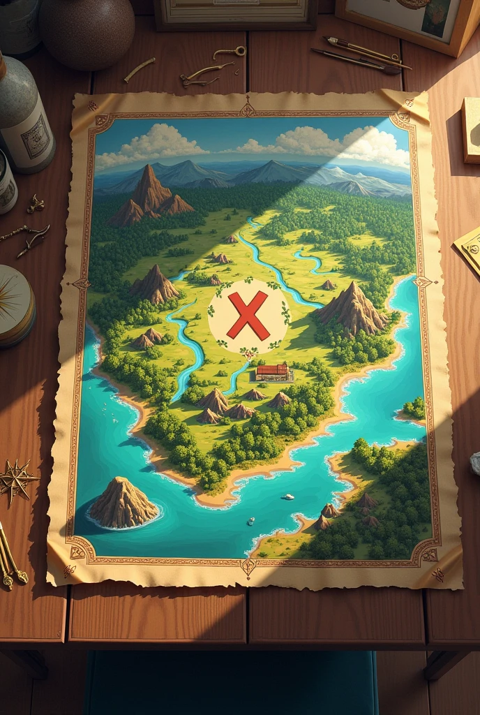 On a table A large illustrated map with landscapes on it and with an x marking where to go