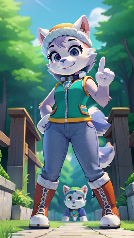 female, solo, female focus, looking at viewer, three-quarter portrait, smile, :3, furry, anthro,  small breasts, skinny,  {everest paw patrol}, everest \(paw patrol\), raised tail, tailwag, detailed body fur, detailed eyes, detailed face, gorgeous body, shiny body fur, glistering body fur, hat, collar, vest, jersey pants, long pants, gloves, boots, clothed animal, park, outside, blue sky, sun, sunlight, full body, standing, short body, tiny body, v, hand gesture