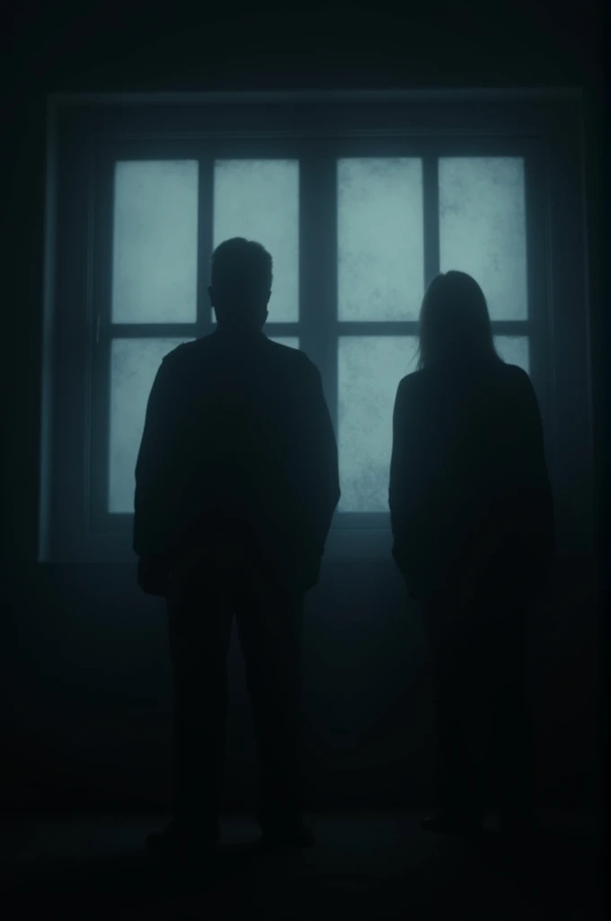 Blurry, dark atmosphere, silhouettes, inside, windows, far light 