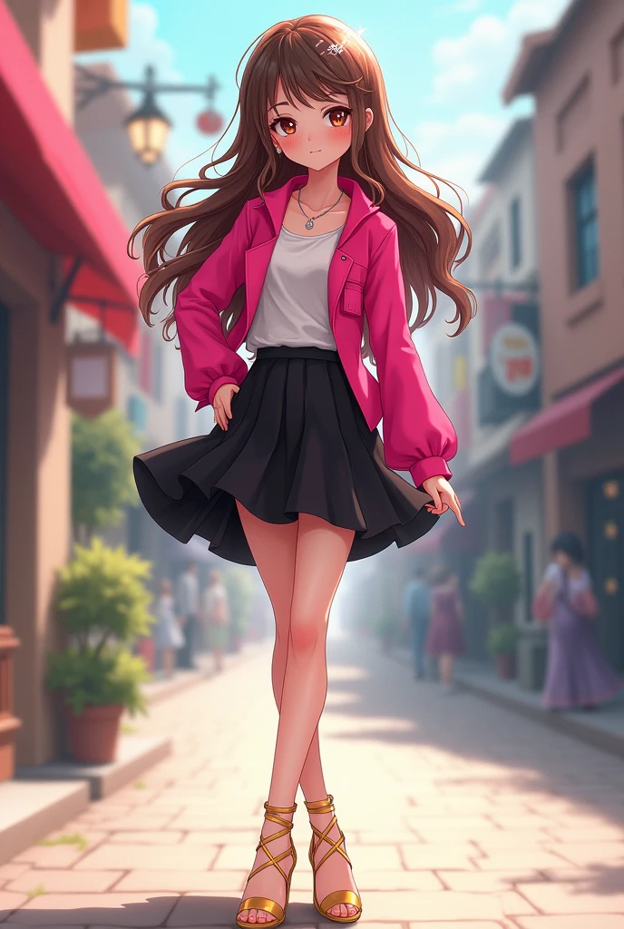 A female anime character who is around 9 years old, has long wavy hair, has brown eyes, wears a hot pink long-sleeved outfit, wears a black skirt that goes almost to the knee and finally wears a pair of gold high-heeled sandals.