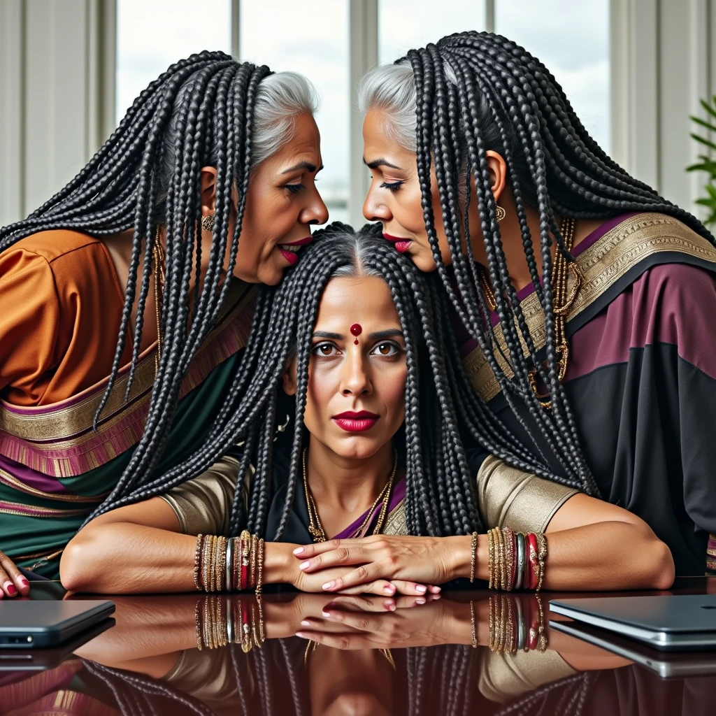 an indian bright old castle bed room,two indian 65 yo eldery ladies stunning in traditional Indian attire. Their long,silver and black color hairs reaches up to their tailbone and its soaked with millions of liters of oili water mixture over thier hairs makes that hairs like oily water pulp on thier hairs and hairlines are all together till the end slick back and hair lines are highly visible due to the slicknes,Those hairs are so much of oil pasted and are reflecting shinniness in like mirrors iminating natural curliness showing to the world,they wear jewelry intricate silver handicrafts,their off shoulders revealing golden skin with traditional Indian blouse the are wildly deep kissing keeping their tongues out,The lustyness and the wildness are shown their eyes,Ultra detailing image prompt,Generate by using all the ladies features,figures and detailes,exactly and stictly as per the image prompt,Generate with strictly indian eldery ethnecity,Generate ladies natural curls continuvity with using exact image prompt using so much of oil pasted and are reflecting shinniness in like mirrors iminating natural curliness showing to the world,Strictly follow the hair colors exactly as per image prompt