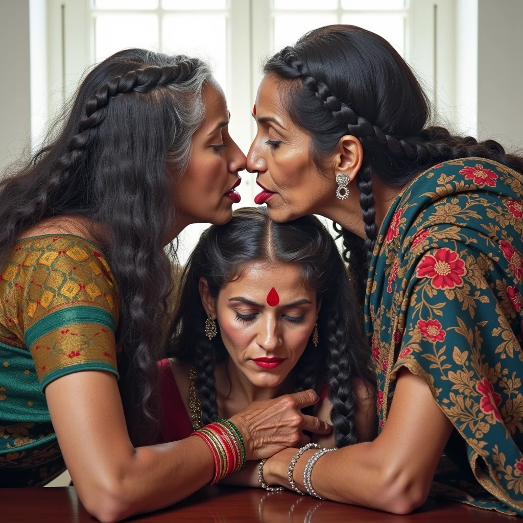 in luxerius office items sorrounded bright lighted modern indian office,three 65 years old mature eldery indian ladies licking head scalps of each others,one lady crawling on to of the table and other two ladies kneeled bend over exact on atop of the crawling lady ,red lipsstick,natural tongues pulled out,licking the crawling ladys' scalp of cornrowed braided hair excat in image promt,styled with 100000 liters hair oil,hairs like viscus oiled pulp,slick combed hair lines highly visible,{{{{{{Ladies wears perfect saree in perfectt busty}}}}}},{{{{{{NSFW}}}}},{{{{{Nudity}}}}},{{{{{{{{{{{Full Nude}}}}}}}}}}}}}}}},{{{{{{{{Hairs highly wet}}}}}}},{{{{{Hairs Drenched in oil}}}}}}}},{{{slick combed hair lines}}}}}},{{{{{Hairlines reflecting shinning like mirrors}}}}}},{{{{{{Showcase full bodies perfect figures}}}}}},{{{{{{{High resolution perfecr color grading}}}}}}}},{{{Perfect cornrow braided hairs on all three ladies exactly in image prompt}}}}}}}