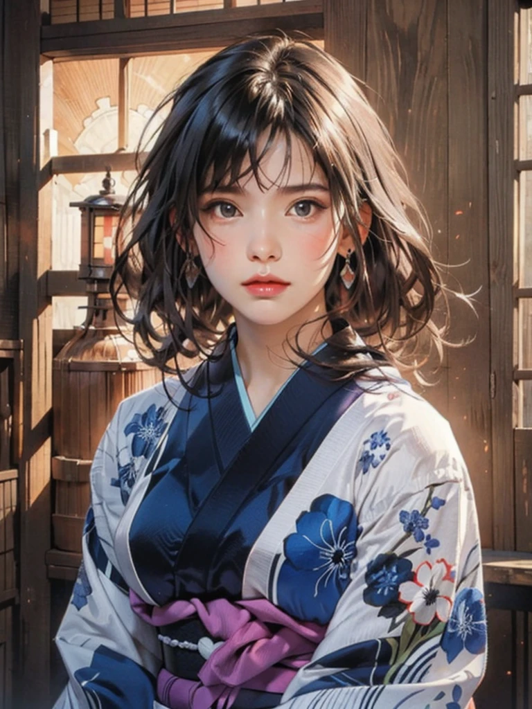 (highest quality、8k、32k、masterpiece)、(masterpiece, up to date,Exceptional:1.2), Anime, One girl,Front hair,black_hair, Beautiful 8k eyes,Looking_in_Audience,One person in,Are standing,((Very beautiful woman, Fuller lips, Japanese pintern kimono))、((Colorful Japanese kimono)))、(((Medium Shot)))、Blunt bung、(High resolution)、Very beautiful face and eyes、1 girl 、Round and small face、Narrow waist、delicine body、(highest quality high detail Rich skin details)、(highest quality、8k、Oil paints:1.2)、Very detailed、(Realistic、Realistic:1.37)、Bright colors、(((blackhair)))、(((longhair)))、(((cowboy pictures)))、((( Inside an old Japanese house)))、(masterpiece, highest quality, highest quality, Official Art, beautifully、aesthetic:1.2), (One girl), Very detailedな,(Fractal Art:1.3),colorful,Most detailed,Sengoku period(High resolution)、Very beautiful face and eyes、1 girl 、Round and small face、Tight waist、Delicine body、(highest quality high detail Rich skin details)、(highest quality、8k、Oil paints:1.2)、(Realistic、Realistic:1.37)、Greg Rutkowski Written by Alphonse Mucha Ropp, sun lips