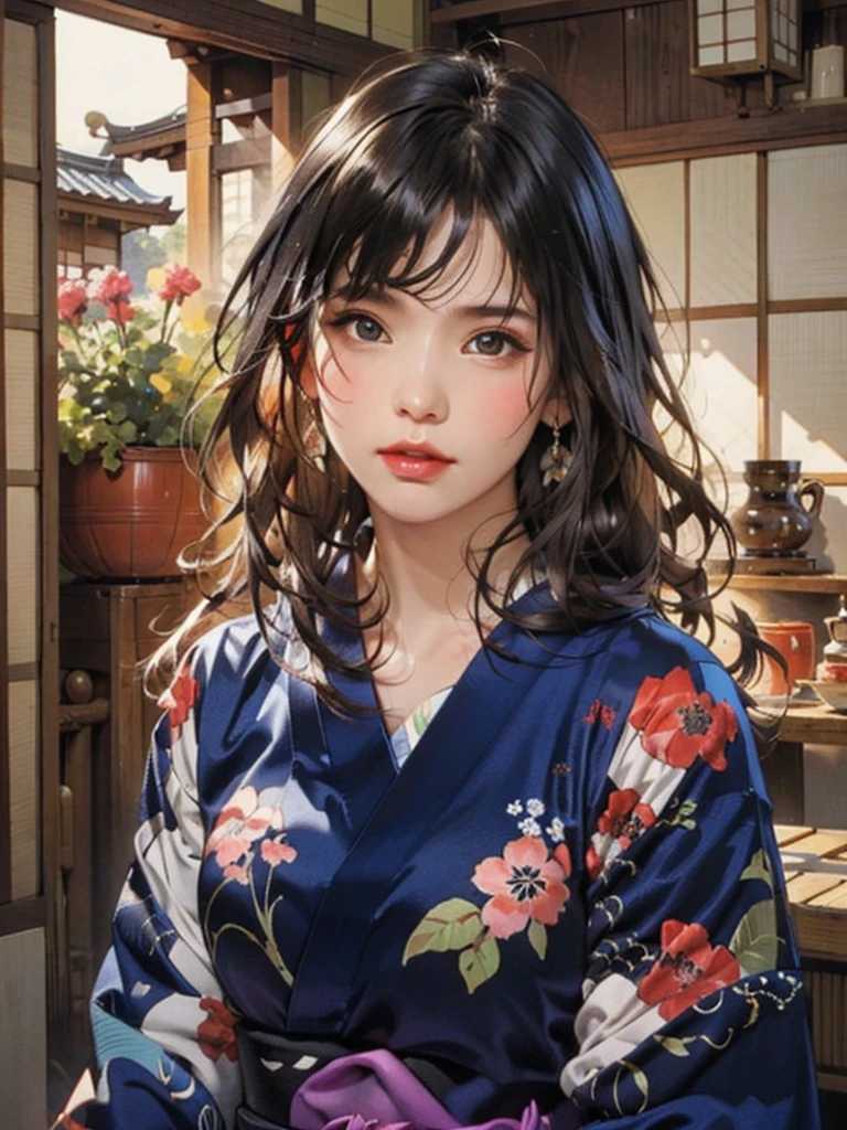 (highest quality、8k、32k、masterpiece)、(masterpiece, up to date,Exceptional:1.2), Anime, One girl,Front hair,black_hair, Beautiful 8k eyes,Looking_in_Audience,One person in,Are standing,((Very beautiful woman, Fuller lips, Japanese pintern kimono))、((Colorful Japanese kimono)))、(((Medium Shot)))、Blunt bung、(High resolution)、Very beautiful face and eyes、1 girl 、Round and small face、Narrow waist、delicine body、(highest quality high detail Rich skin details)、(highest quality、8k、Oil paints:1.2)、Very detailed、(Realistic、Realistic:1.37)、Bright colors、(((blackhair)))、(((longhair)))、(((cowboy pictures)))、((( Inside an old Japanese house)))、(masterpiece, highest quality, highest quality, Official Art, beautifully、aesthetic:1.2), (One girl), Very detailedな,(Fractal Art:1.3),colorful,Most detailed,Sengoku period(High resolution)、Very beautiful face and eyes、1 girl 、Round and small face、Tight waist、Delicine body、(highest quality high detail Rich skin details)、(highest quality、8k、Oil paints:1.2)、(Realistic、Realistic:1.37)、Greg Rutkowski Written by Alphonse Mucha Ropp, sun lips