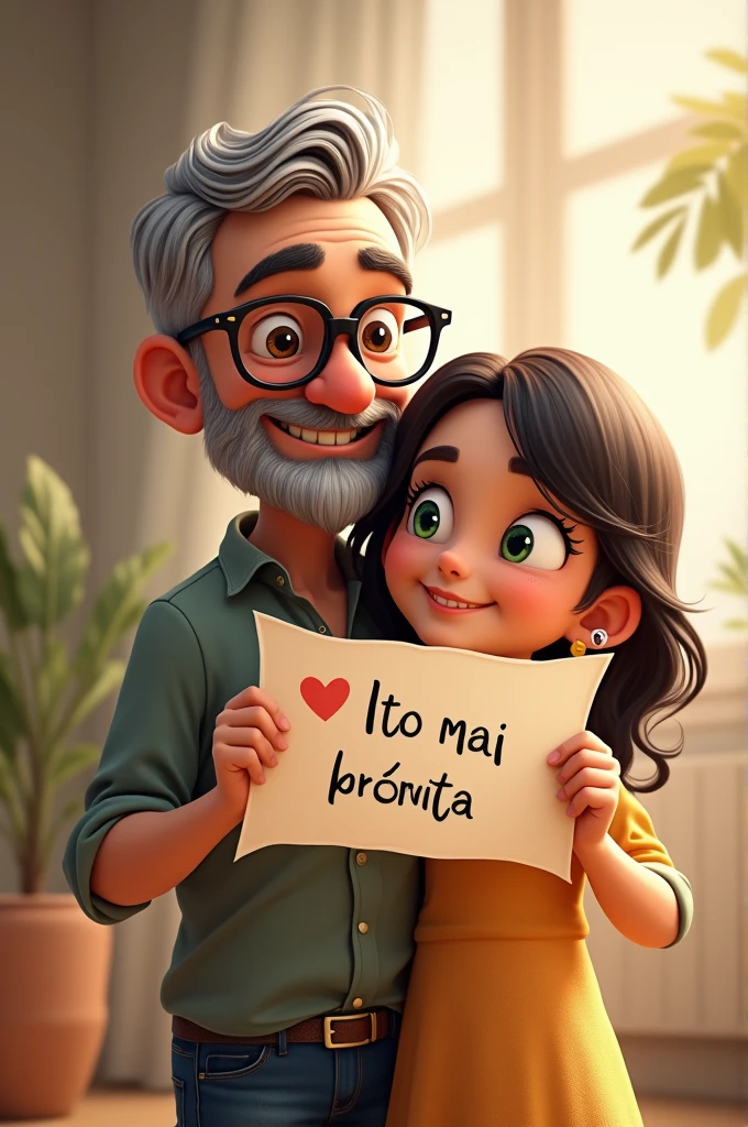 A father with gray hair and black-framed glasses and his daughter, Clarinha, with dark hair and green eyes, holding a banner that says I love you dad.