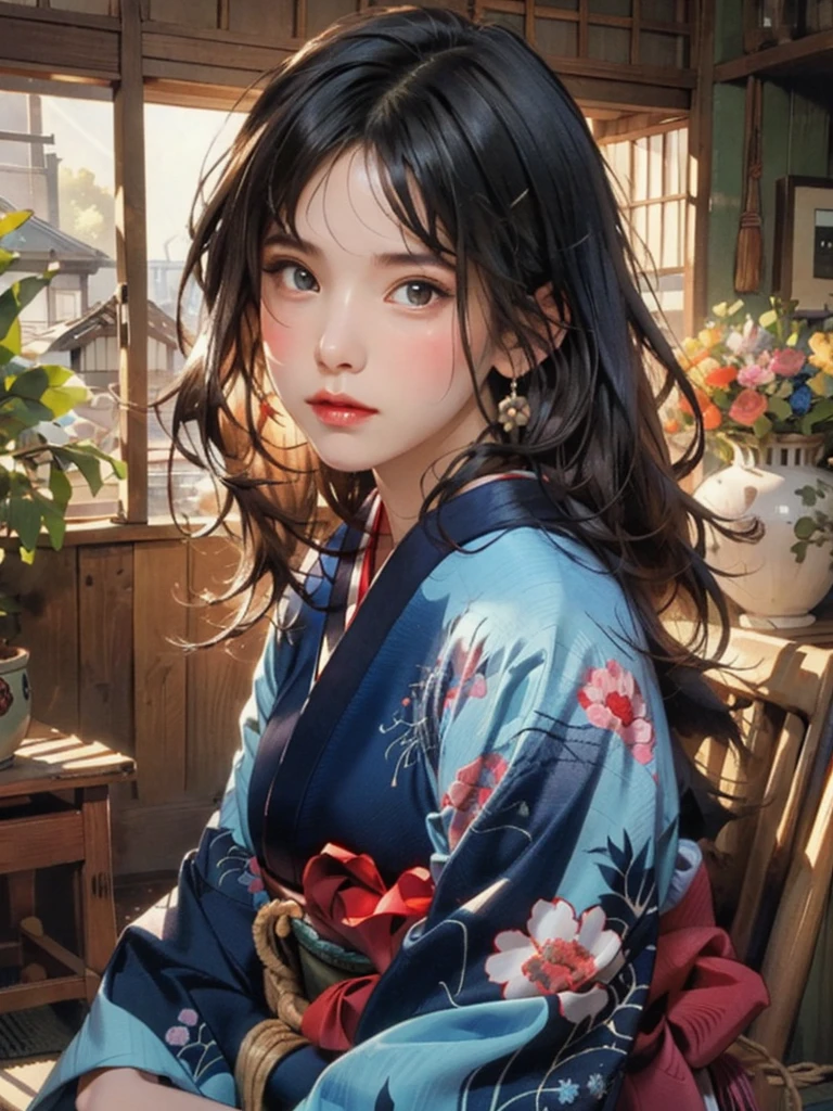 (highest quality、8k、32k、masterpiece)、(masterpiece, up to date,Exceptional:1.2), Anime, One girl,Front hair,black_hair, Beautiful 8k eyes,Looking_in_Audience,One person in,Are standing,((Very beautiful woman, Fuller lips, Japanese pintern kimono))、((Colorful Japanese kimono)))、(((Medium Shot)))、Blunt bung、(High resolution)、Very beautiful face and eyes、1 girl 、Round and small face、Narrow waist、delicine body、(highest quality high detail Rich skin details)、(highest quality、8k、Oil paints:1.2)、Very detailed、(Realistic、Realistic:1.37)、Bright colors、(((blackhair)))、(((longhair)))、(((cowboy pictures)))、((( Inside an old Japanese house)))、(masterpiece, highest quality, highest quality, Official Art, beautifully、aesthetic:1.2), (One girl), Very detailedな,(Fractal Art:1.3),colorful,Most detailed,Sengoku period(High resolution)、Very beautiful face and eyes、1 girl 、Round and small face、Tight waist、Delicine body、(highest quality high detail Rich skin details)、(highest quality、8k、Oil paints:1.2)、(Realistic、Realistic:1.37)、Greg Rutkowski Written by Alphonse Mucha Ropp, sun lips