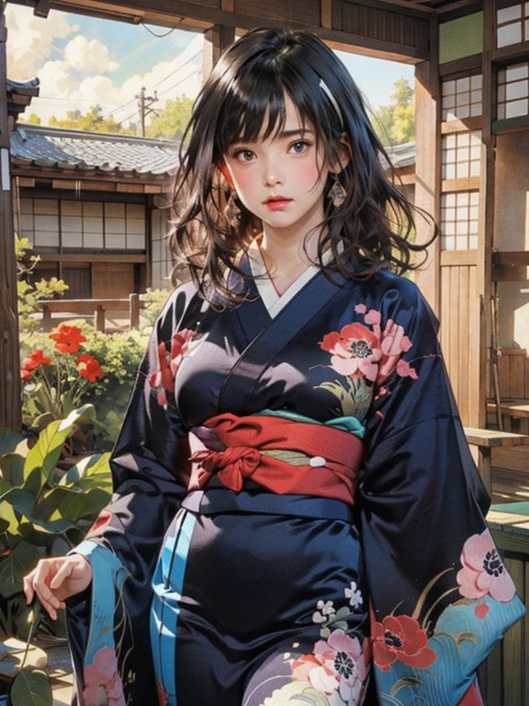 (highest quality、8k、32k、masterpiece)、(masterpiece, up to date,Exceptional:1.2), Anime, One girl,Front hair,black_hair, Beautiful 8k eyes,Looking_in_Audience,One person in,Are standing,((Very beautiful woman, Fuller lips, Japanese pintern kimono))、((Colorful Japanese kimono)))、(((Medium Shot)))、Blunt bung、(High resolution)、Very beautiful face and eyes、1 girl 、Round and small face、Narrow waist、delicine body、(highest quality high detail Rich skin details)、(highest quality、8k、Oil paints:1.2)、Very detailed、(Realistic、Realistic:1.37)、Bright colors、(((blackhair)))、(((longhair)))、(((cowboy pictures)))、((( Inside an old Japanese house)))、(masterpiece, highest quality, highest quality, Official Art, beautifully、aesthetic:1.2), (One girl), Very detailedな,(Fractal Art:1.3),colorful,Most detailed,Sengoku period(High resolution)、Very beautiful face and eyes、1 girl 、Round and small face、Tight waist、Delicine body、(highest quality high detail Rich skin details)、(highest quality、8k、Oil paints:1.2)、(Realistic、Realistic:1.37)、Greg Rutkowski Written by Alphonse Mucha Ropp, sun lips