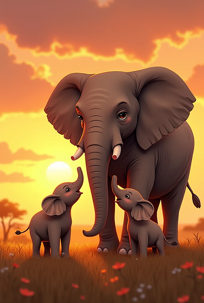 "Create a heartwarming illustration of two elephants Trombinha and Pipoca standing beside father elephant Osot Sog, looking up at him with love and admiration. The sun is almost set, with the last golden rays illuminating the scene. The African savanna is calm and peaceful, and the three elephants are together, sharing a moment of love and unity. The style should be warm and comforting, perfect for concluding a children's story with a strong sense of family and connection. more realist art