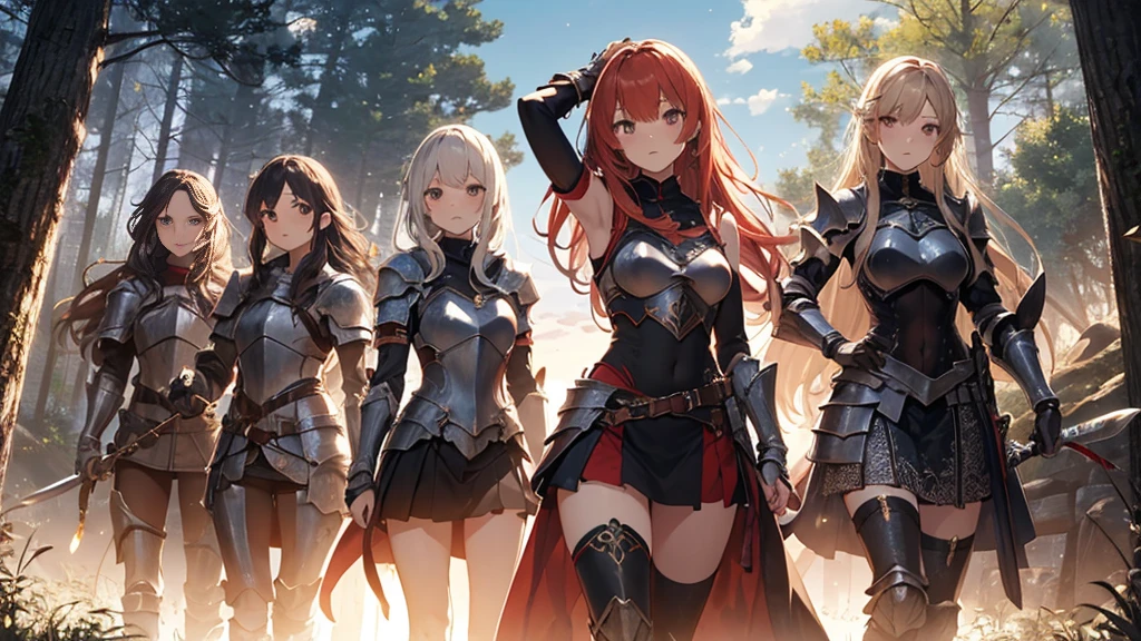 A group of female knight, (in forest), various hair styles, harem, wearing armored clothes, metal armor, night, details face, , short skirt, seducing, sword, showing armpits, sleeveless, midriff