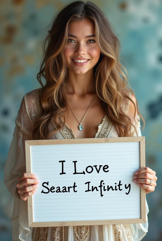 Beautiful girl with wavy long hair, bohemian dress, holding a white board with text "I Love Seaart Infinity" and showing it to the viewer