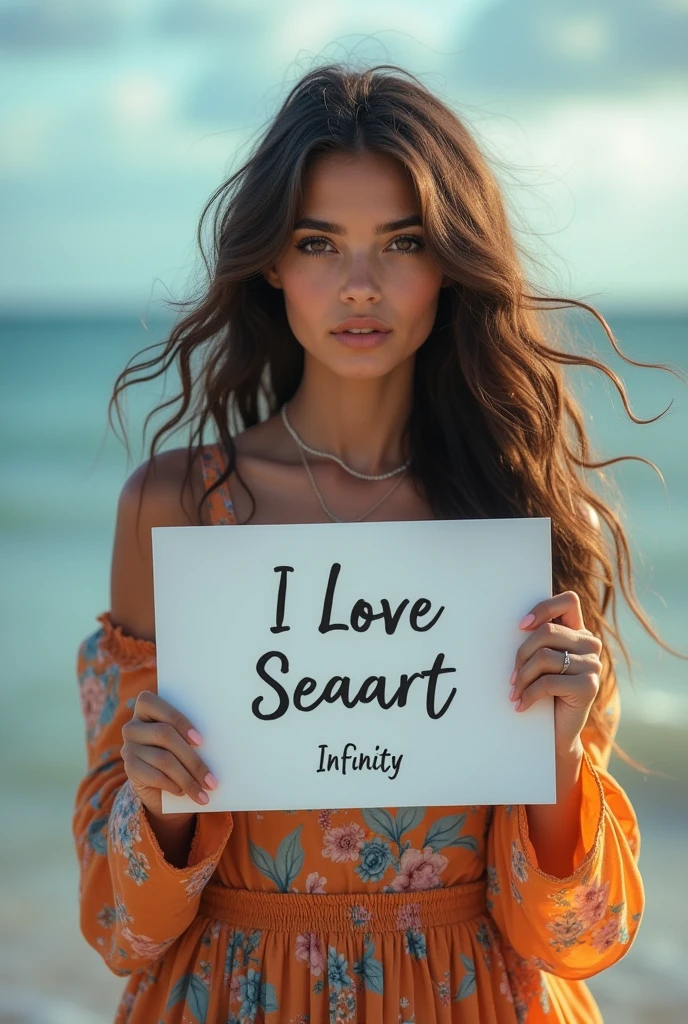 Beautiful girl with wavy long hair, bohemian dress, holding a white board with text "I Love Seaart Infinity" and showing it to the viewer