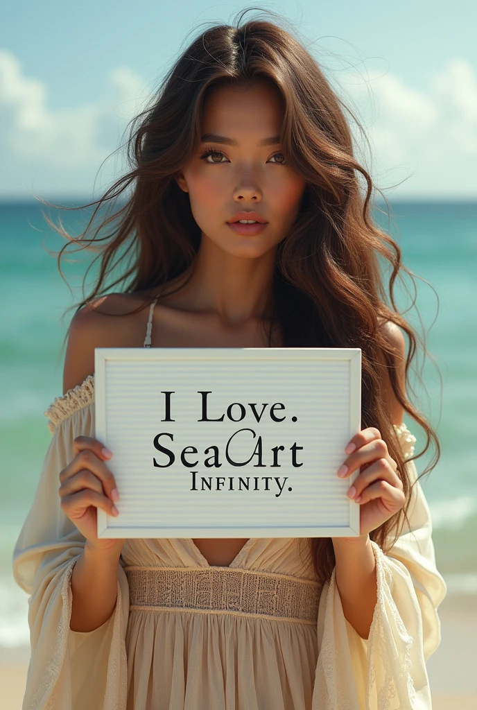Beautiful girl with wavy long hair, bohemian dress, holding a white board with text "I Love Seaart Infinity" and showing it to the viewer
